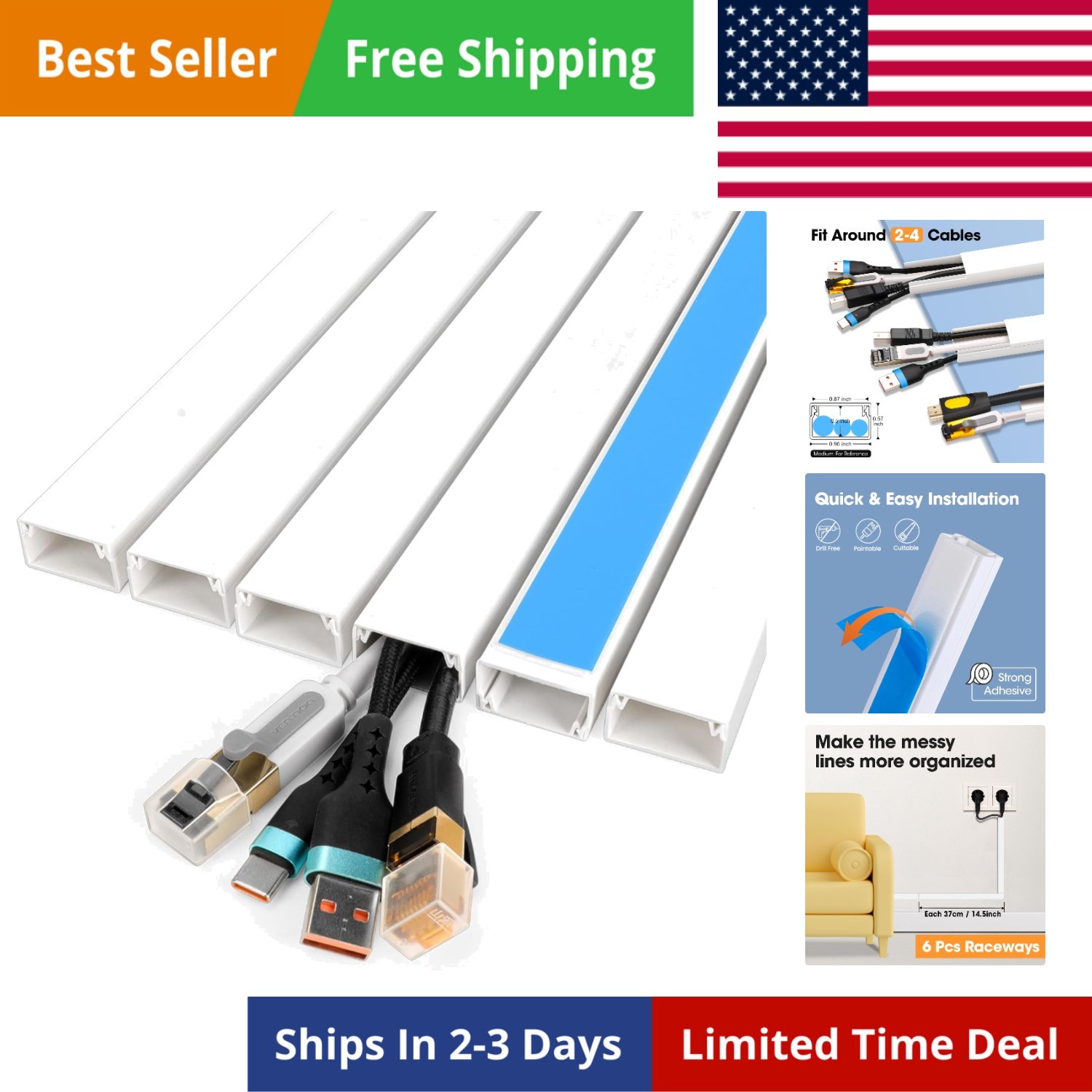 87in Cord Hider Kit Paintable Cable Raceway for Wall Mount TV Wire Covers 6 Pcs