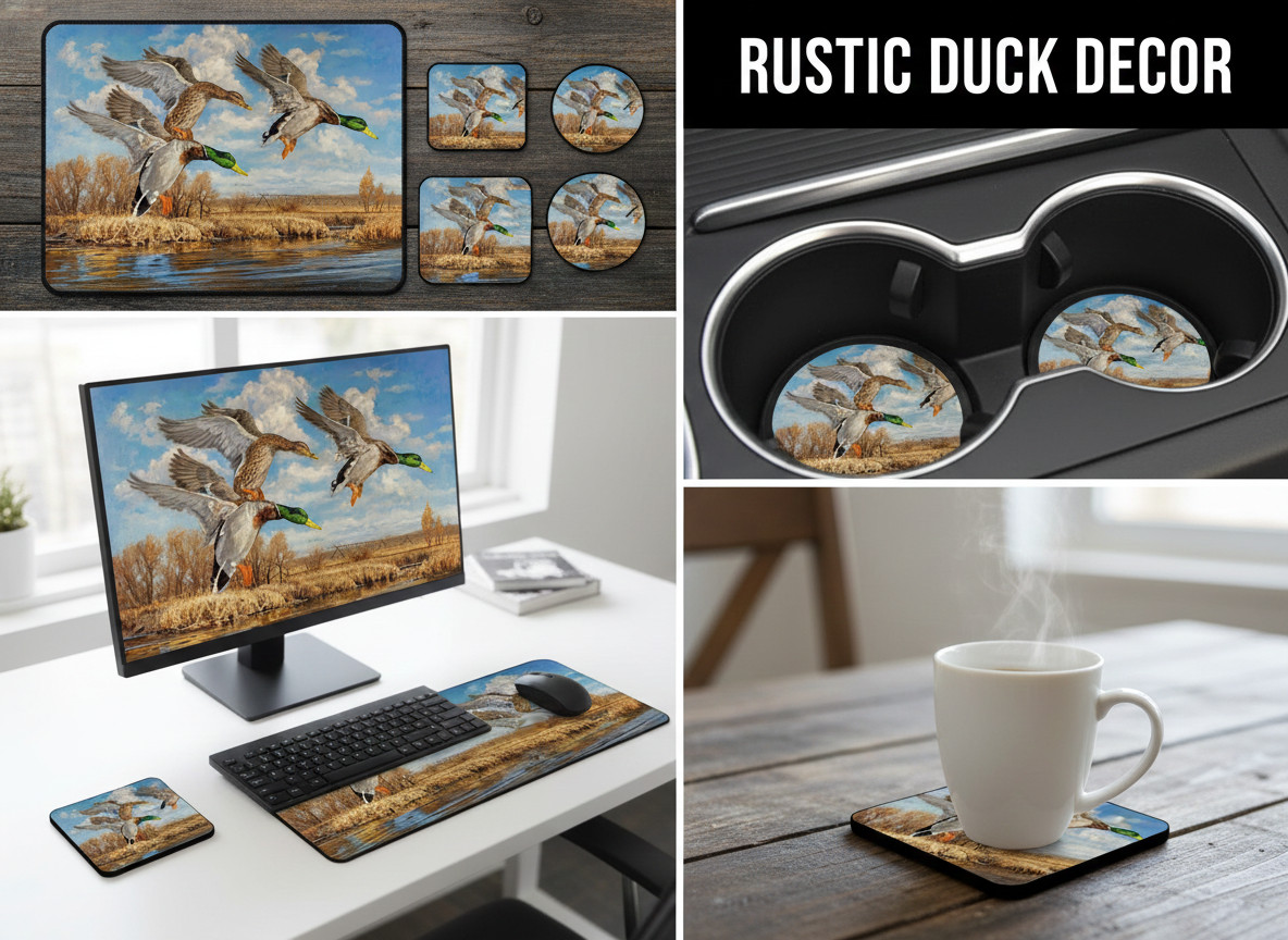 Mallard Ducks Mousepad Coasters Flying Waterfowl Hunting Art Bird Watcher Gift
