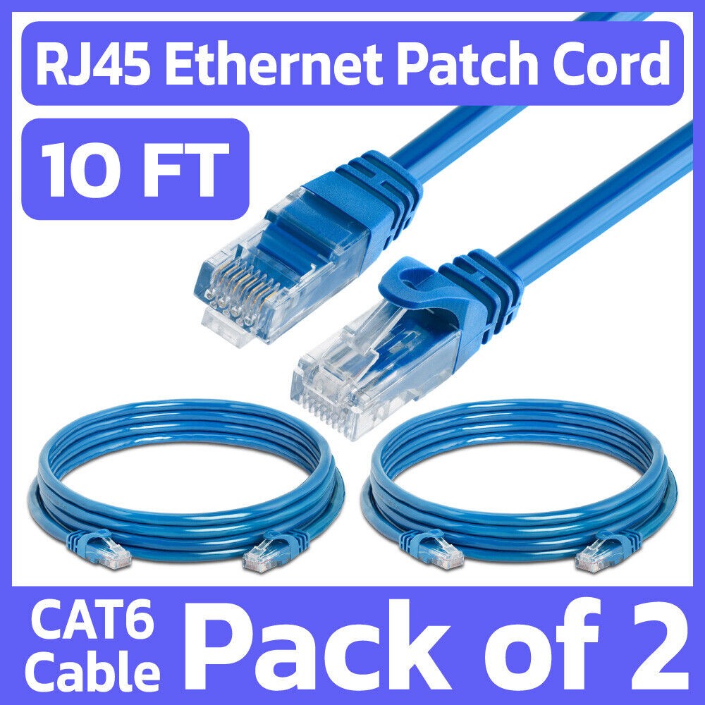2 Pack 10 FT Cat6 Patch Cord Blue RJ45 LAN Network Cable Internet Ethernet Cord