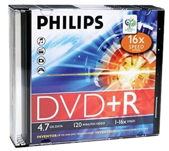 Philips DVD+R: 1-16x Speed, 120min, 4.7GB Slim Case DR4S6S05F/17 - 5 Pack