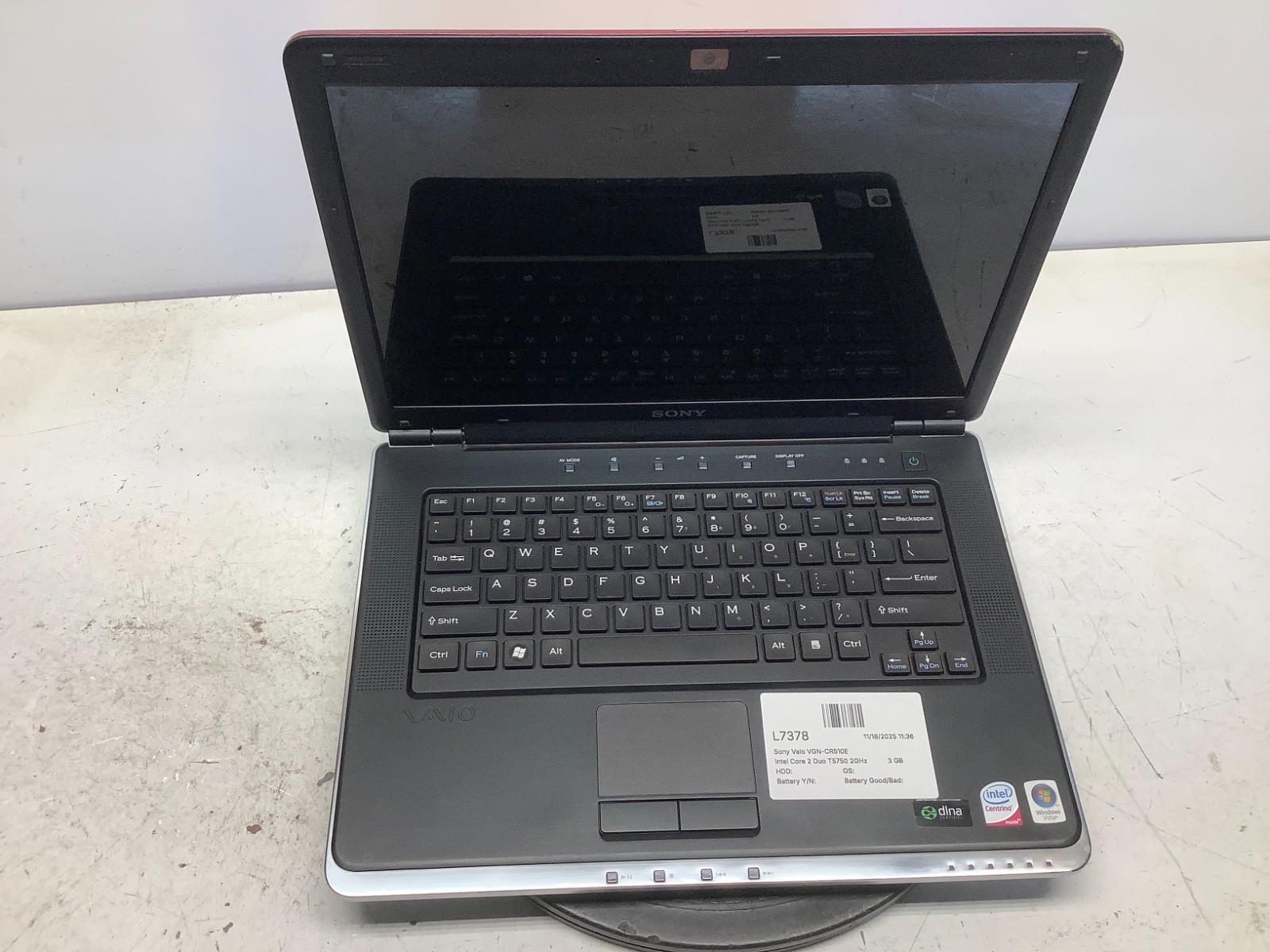 Sony Vaio VGN-CR510E Intel Core 2 Duo T5750 2GHz 3 GB NO HDD