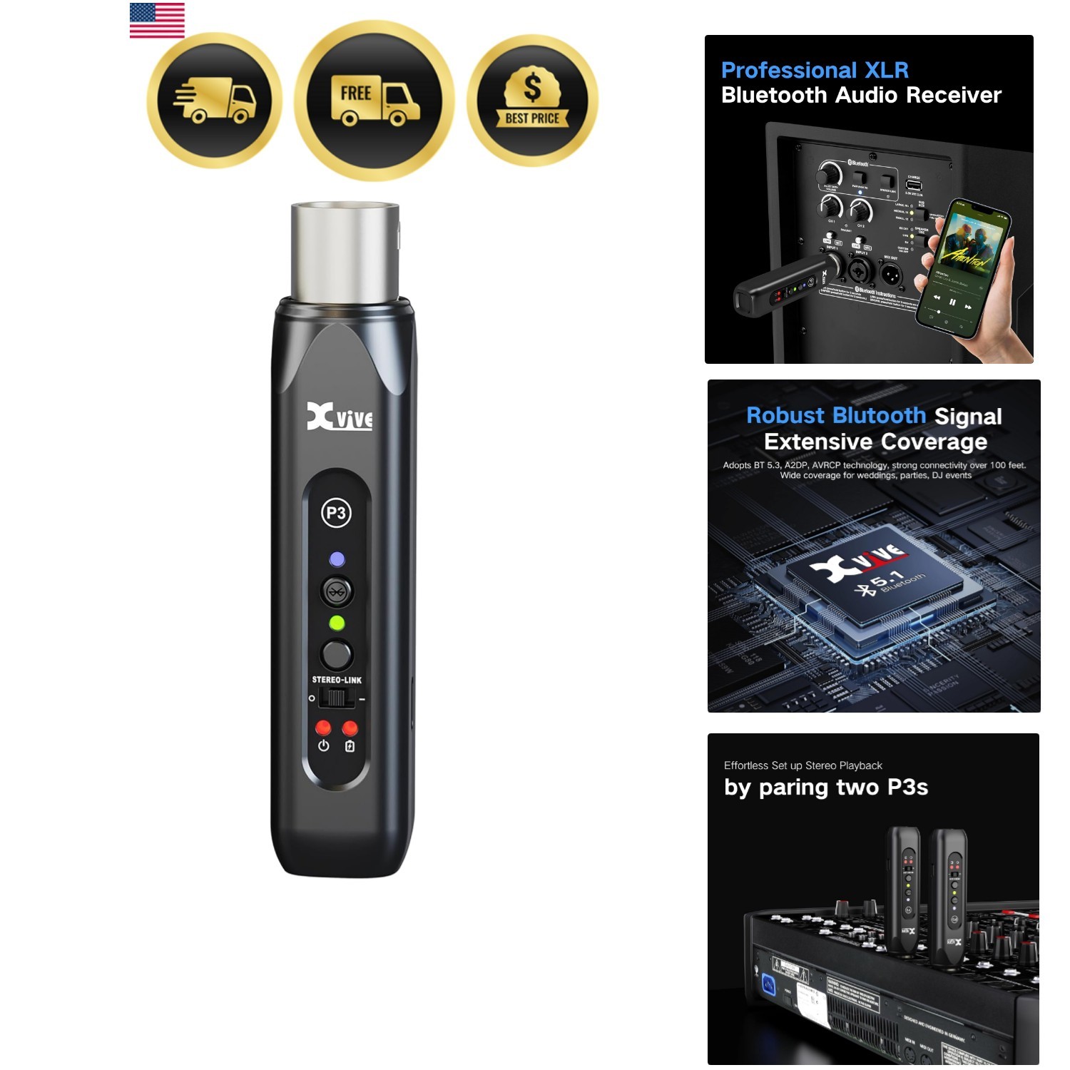 Bluetooth Receiver XLR Wireless Adapter for Speakers PA Systems DJ Equipment