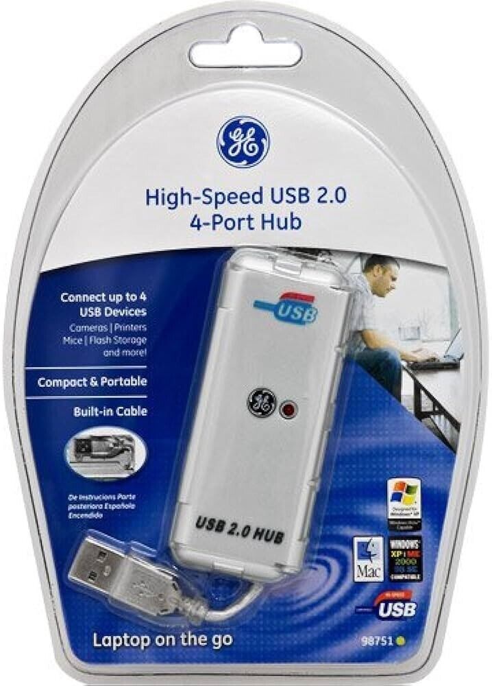 GE High Speed USB 2.0 4-Port Hub 98751 Built-in Cable up to 480Mbps
