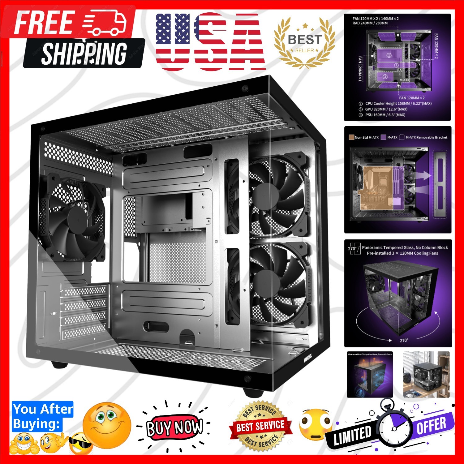 MATX PC Case,270° Panoramic Tempered Glass Panel Gaming PC Case,3 Fans Pre-In...