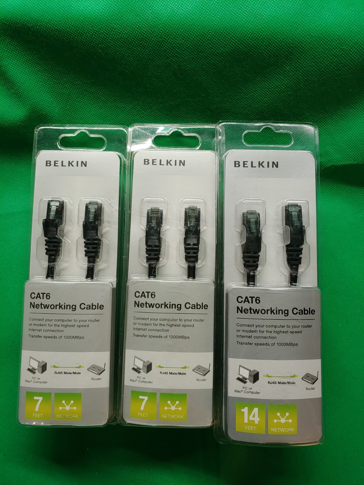  3 X Belkin CAT6 7' Foot Networking Patch Cable Black PC6-07BKS RJ45 Male NEW