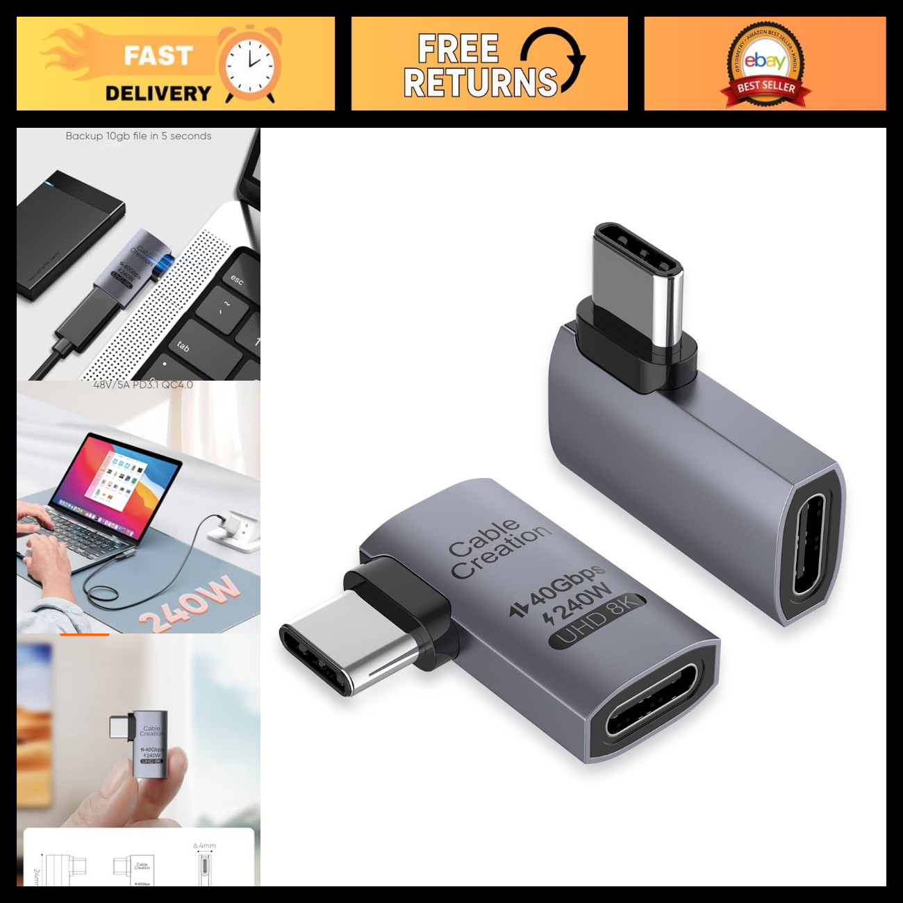 USB C Right Angle Adapter 2-Pack, 90 Degree USB-C Connector for Space-Saving Use