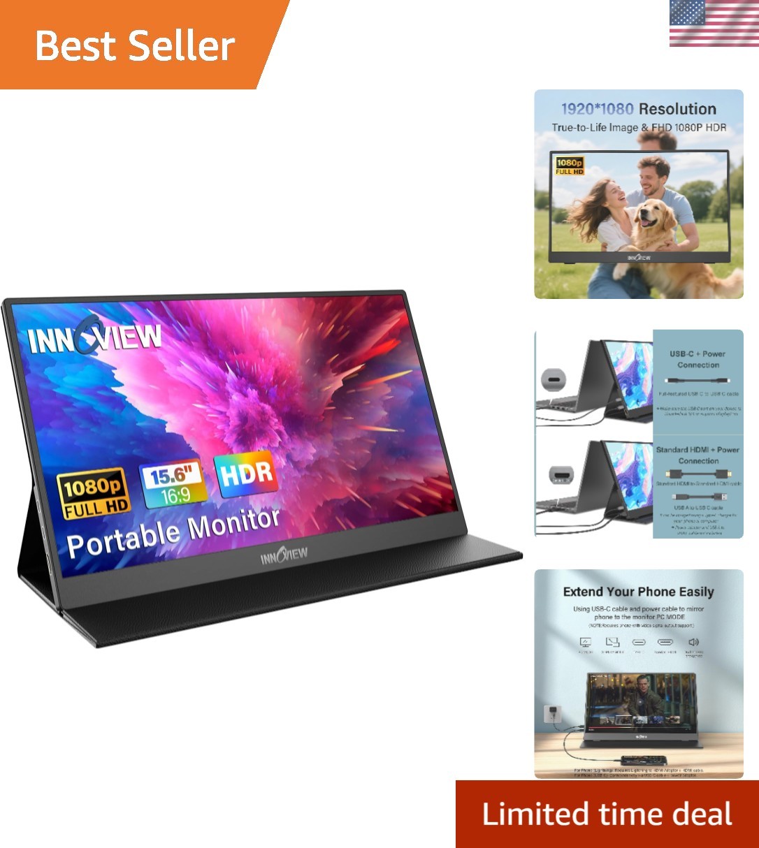 Compact 15.6" FHD Monitor with Built-in Speaker - Perfect for Laptops & Gaming