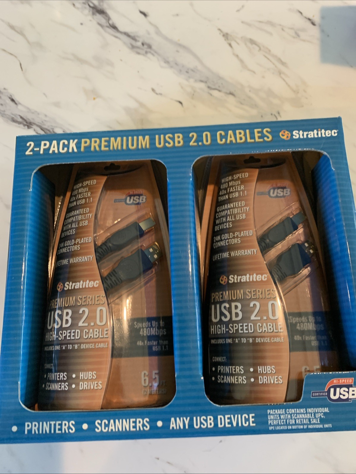 Stratitec 2 Pack Premium Series USB 2.0 High-Speed Cable 480 Mbps 6.5' BRAND NEW