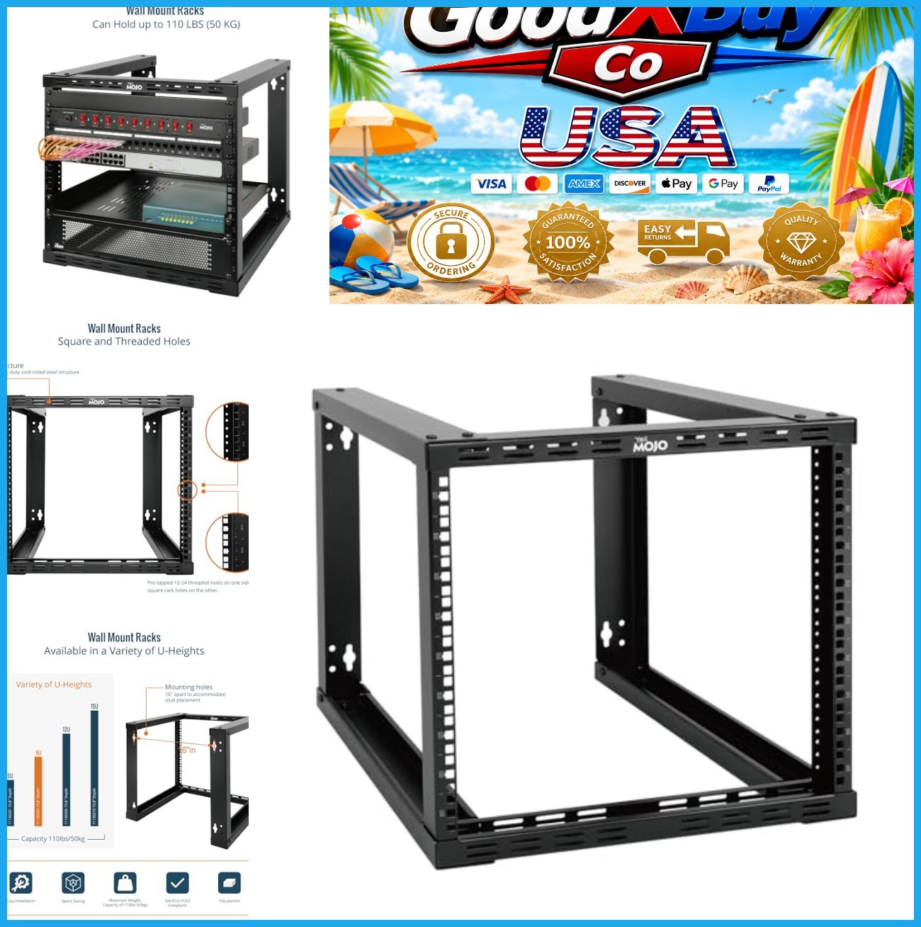 9U Wall Mount Network Rack 15.8 Inch Depth Open Frame Server Cabinet 110 lbs