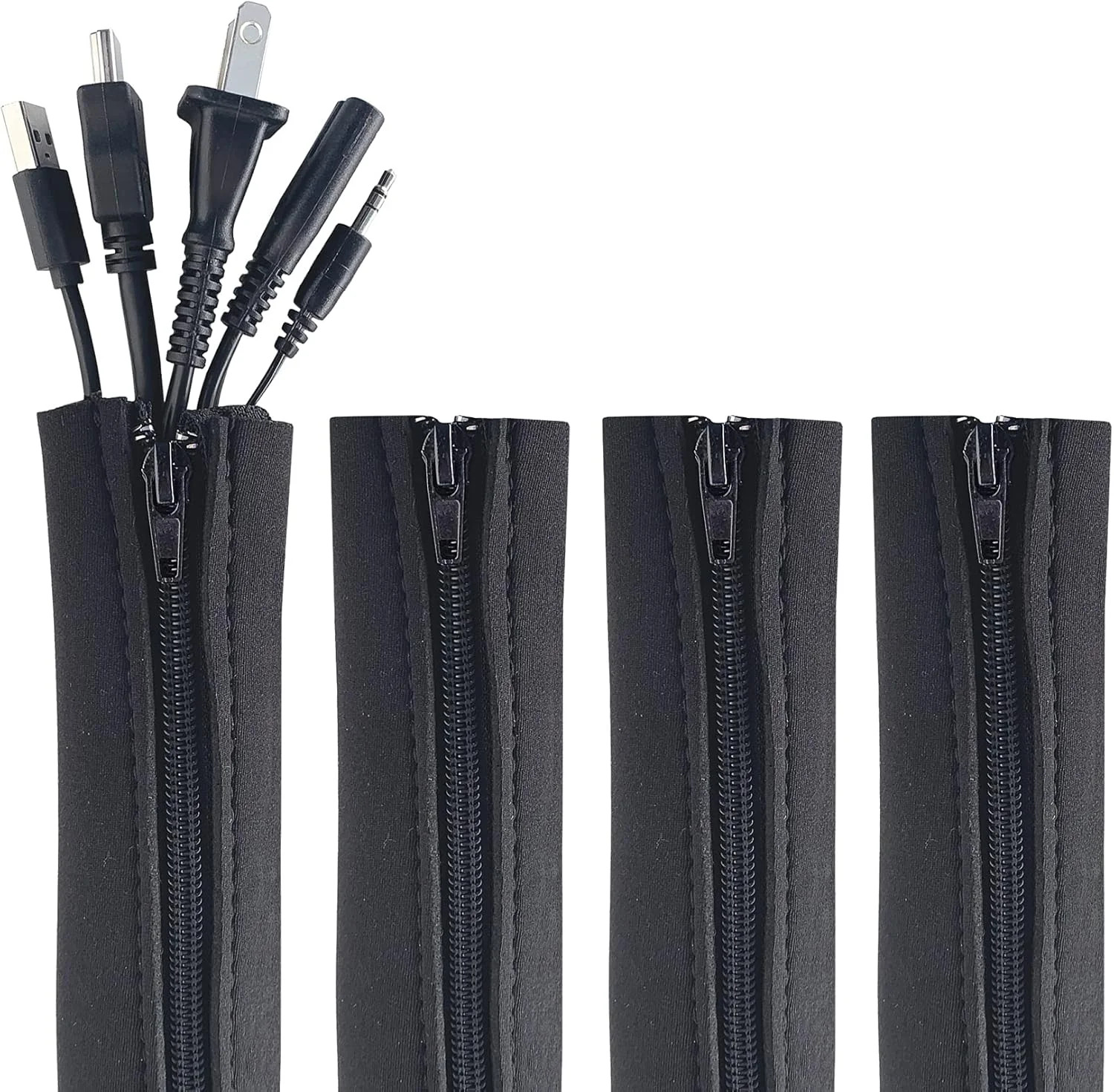 Zipper Cable Sleeve by Wrap-It Storage - 24" x 4" (4-Pack) Black - Cord Organize