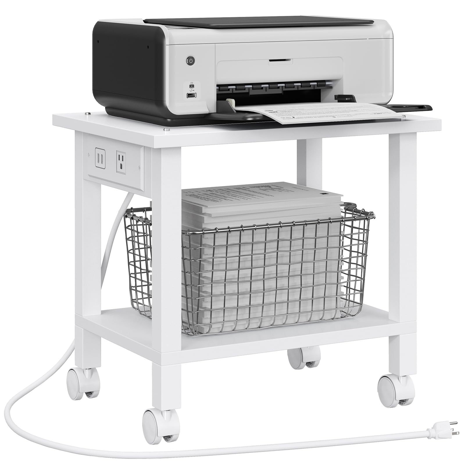 TUTOTAK Printer Stand, 2 Tier Rolling Printer Cart with Charging Station