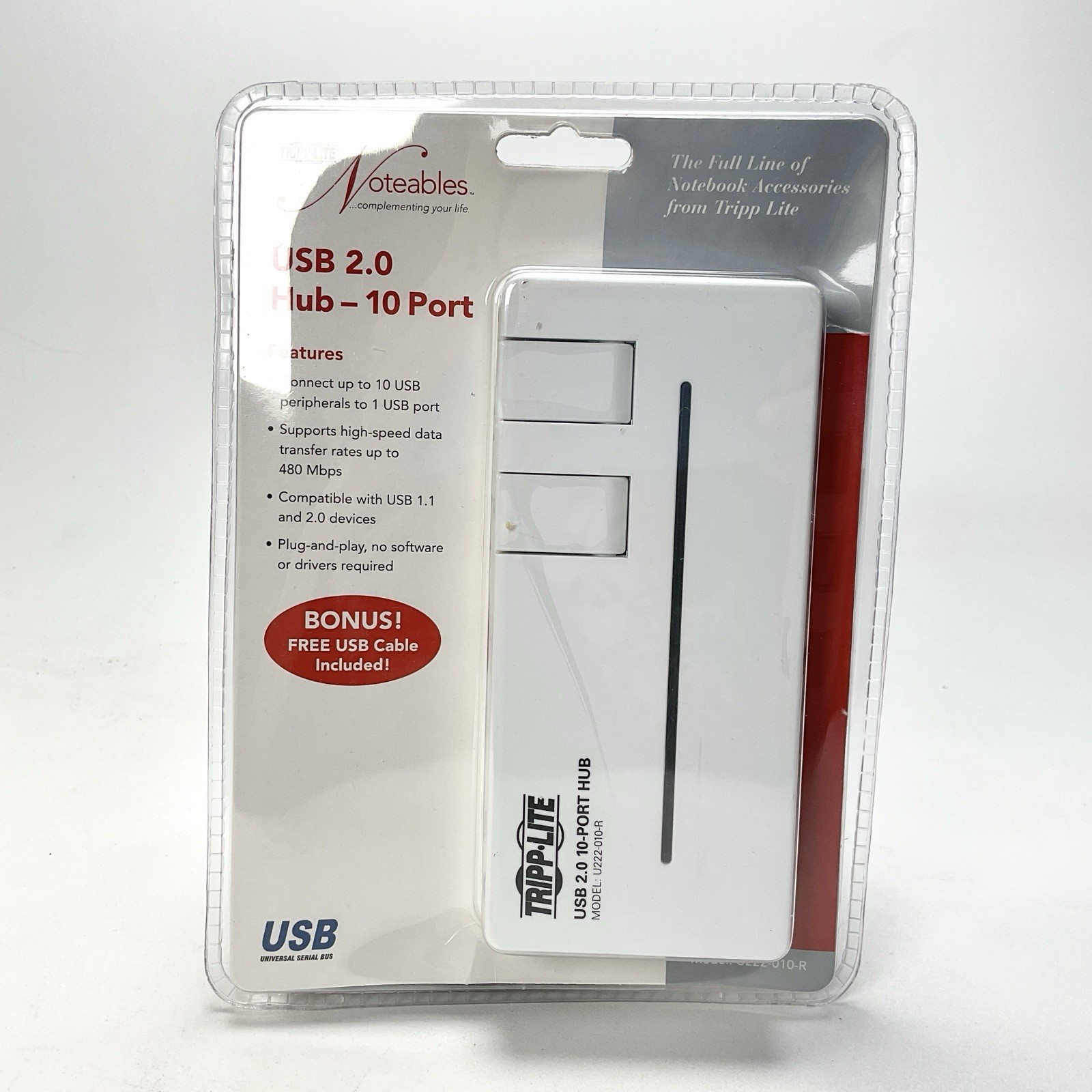 Tripp-Lite Noteables 10-Port USB 2.0 Hub U222-010-R & USB Cable Factory Sealed