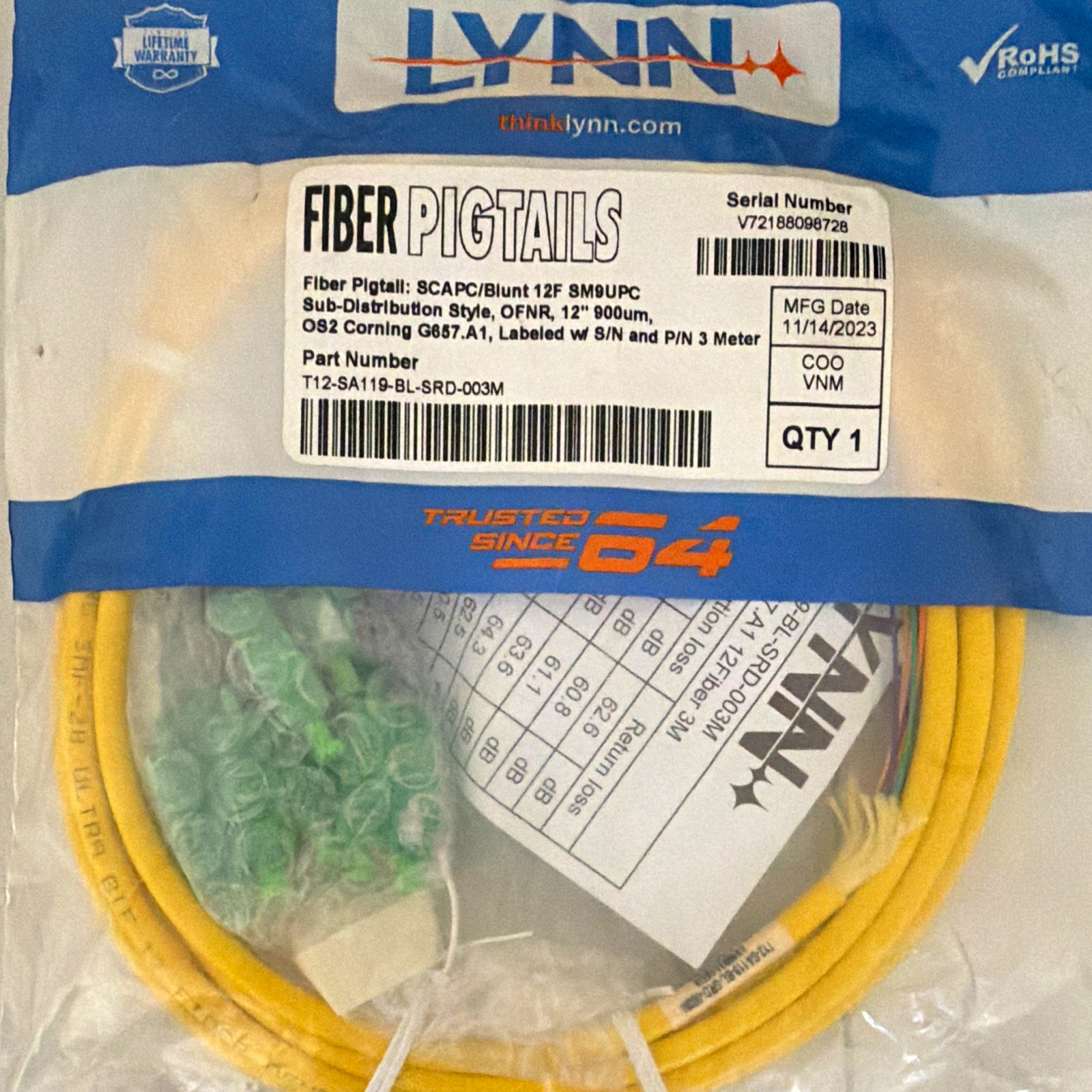 LYNN SC Fiber Pigtail Single-Mode OS2 3m Yellow Optical Cable T12-SA119-BL
