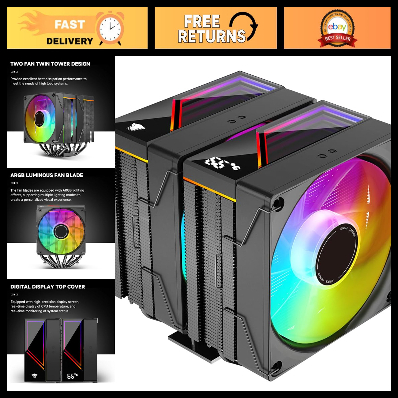High-Performance CPU Air Cooler with Dual ARGB Fans, 6 Heat Pipes, Digital Displ