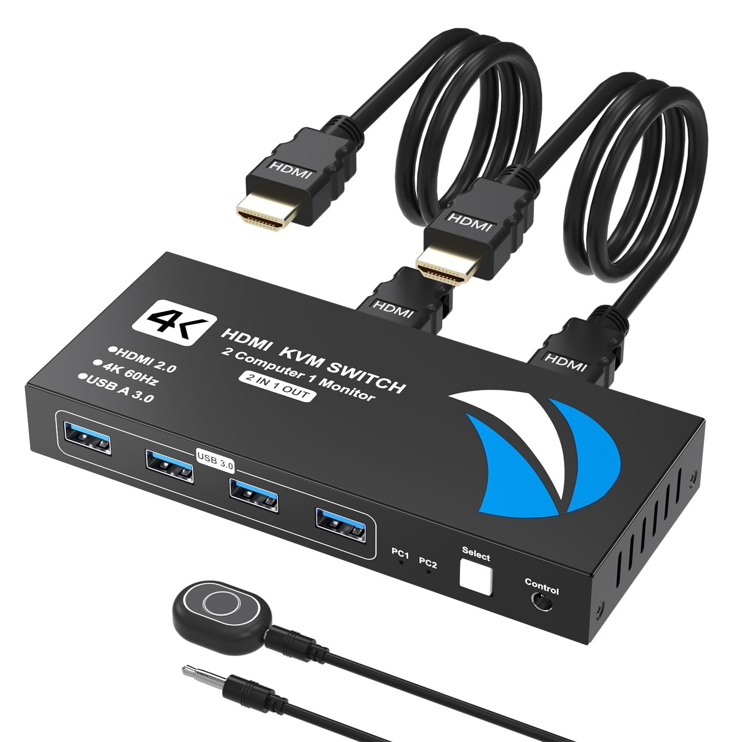 HDMI KVM Switch 1 Monitor 2 Computers 4K@60Hz 4 USB 3.0 Ports Cables Included