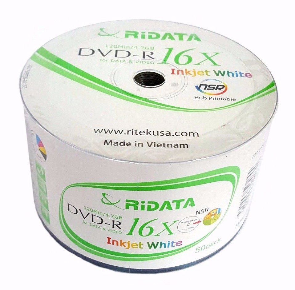 1000 RIDATA 16X Blank DVD-R DVDR White Inkjet Printable 4.7GB Recordable Disc