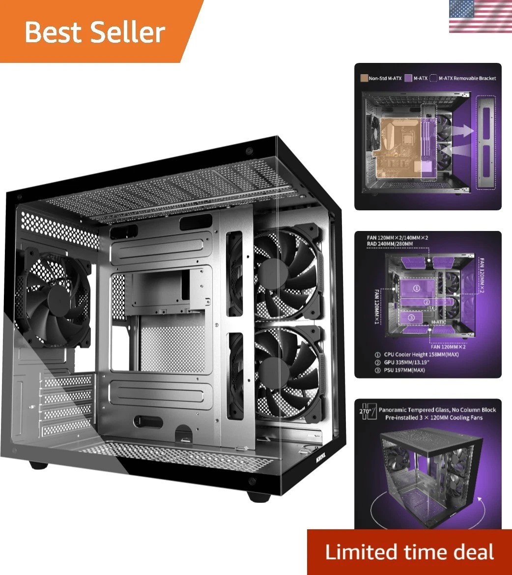 Gaming PC Case with 270° View, 3 Pre-Installed Fans & Powerful Cooling System