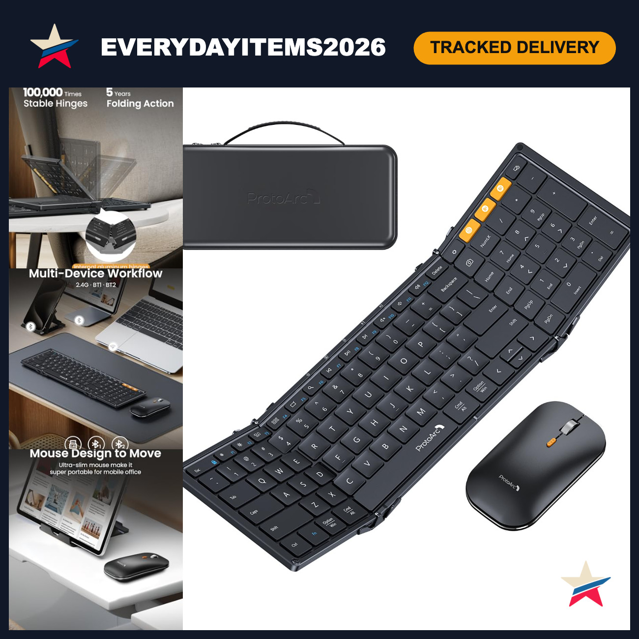 Full-Size Foldable Keyboard & Mouse Combo for Travel - Wireless, Compact, Black