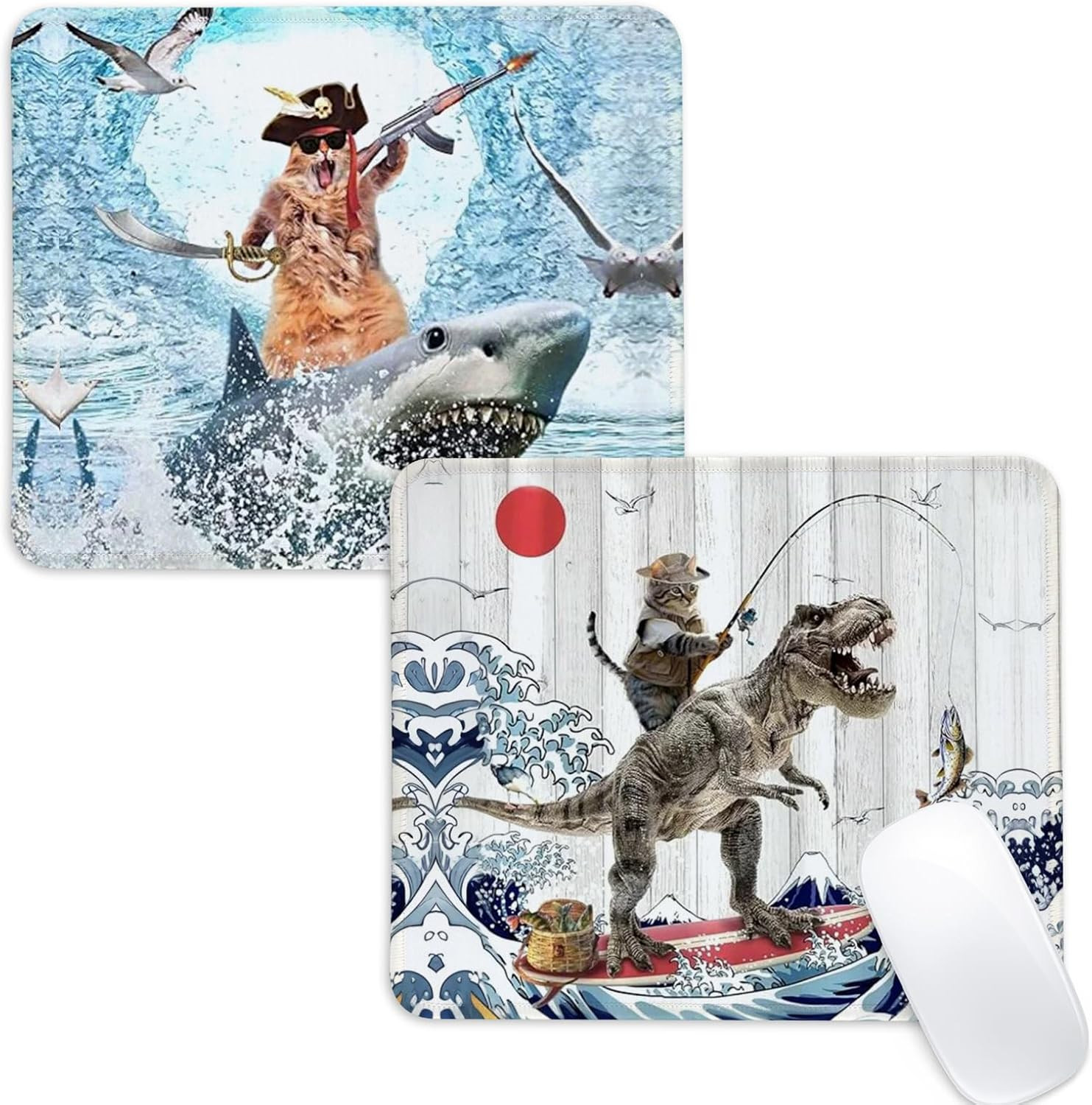 2Pcs Dinosaur and Cat Square Mouse Pad with Non-Slip Rubber Base,Home Office Dec