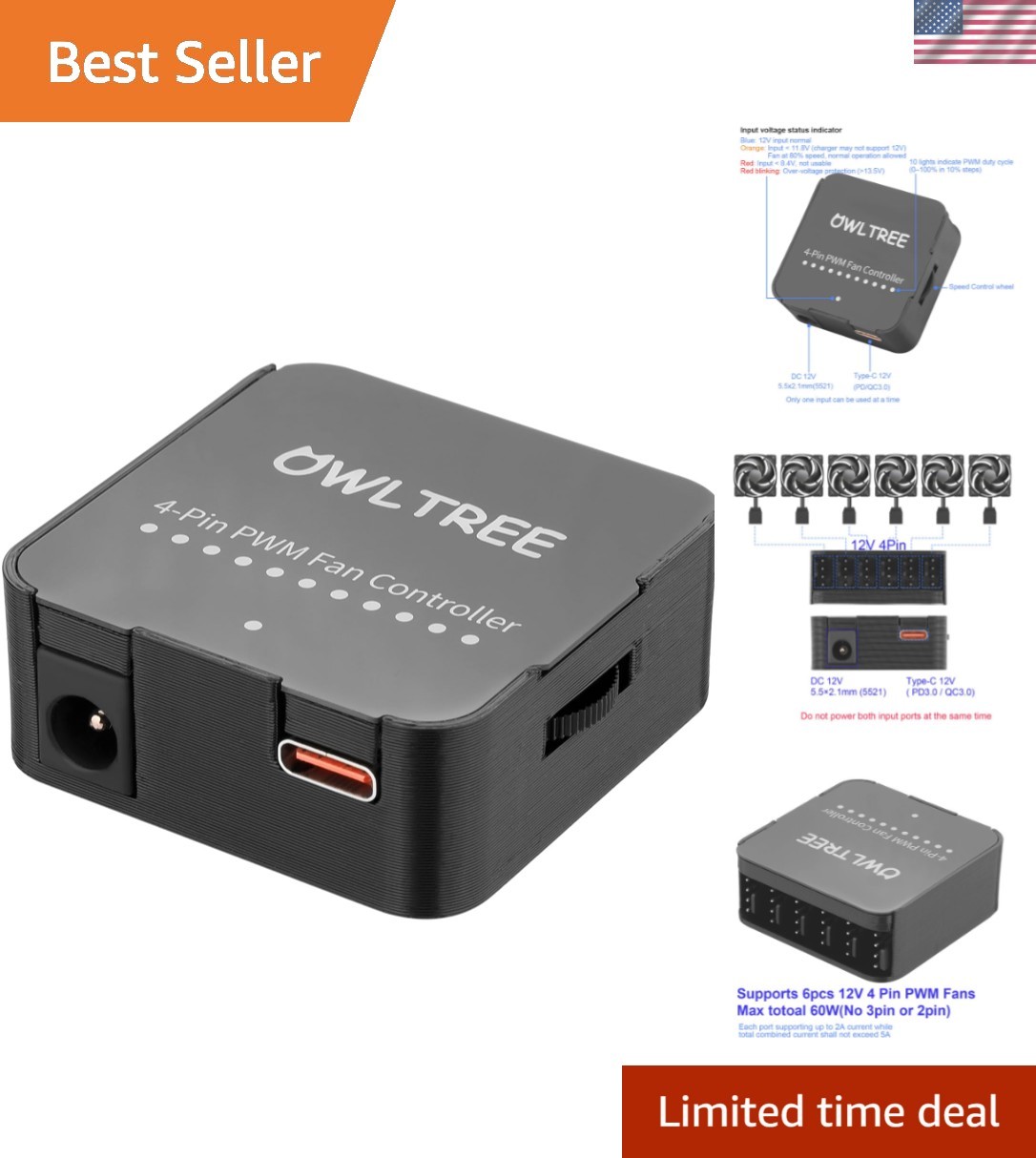 Compact 60W 12V PWM Fan Speed Controller - Dual Power Modes for 6 Fans