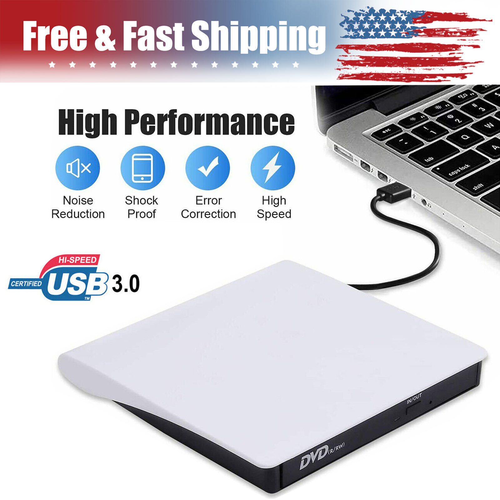USB3.0 Slim CD/DVD Drive RW Disc Player Burner Reader For Laptop PC Mac Win78 10