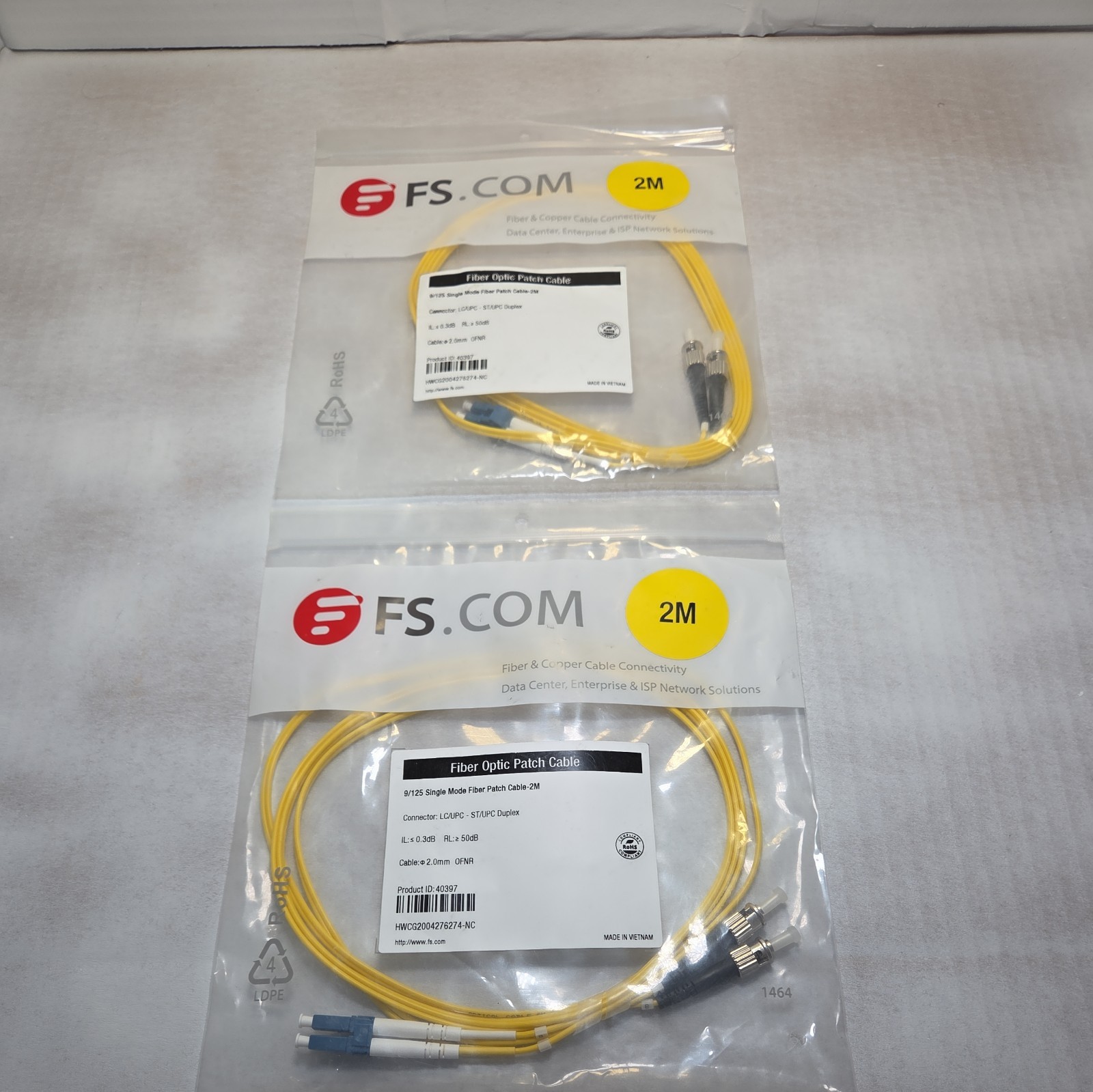 2-bags 9/125 Single Mode Fiber Optic Patch Cable Yellow 2M LC/UPC-ST/UPC Duplex