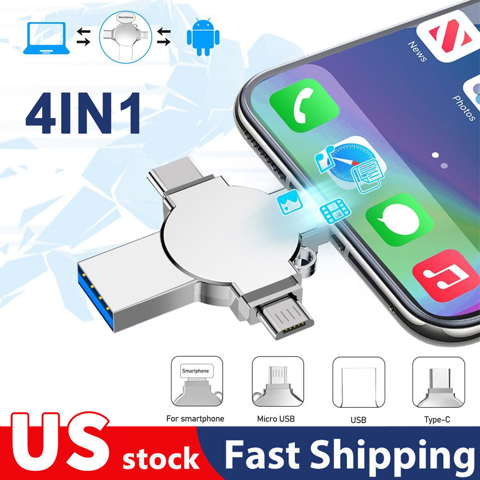 4in1 USB 3.0 Flash Drive 2TB Memory Photo Stick For iPhone iPad Android Type C