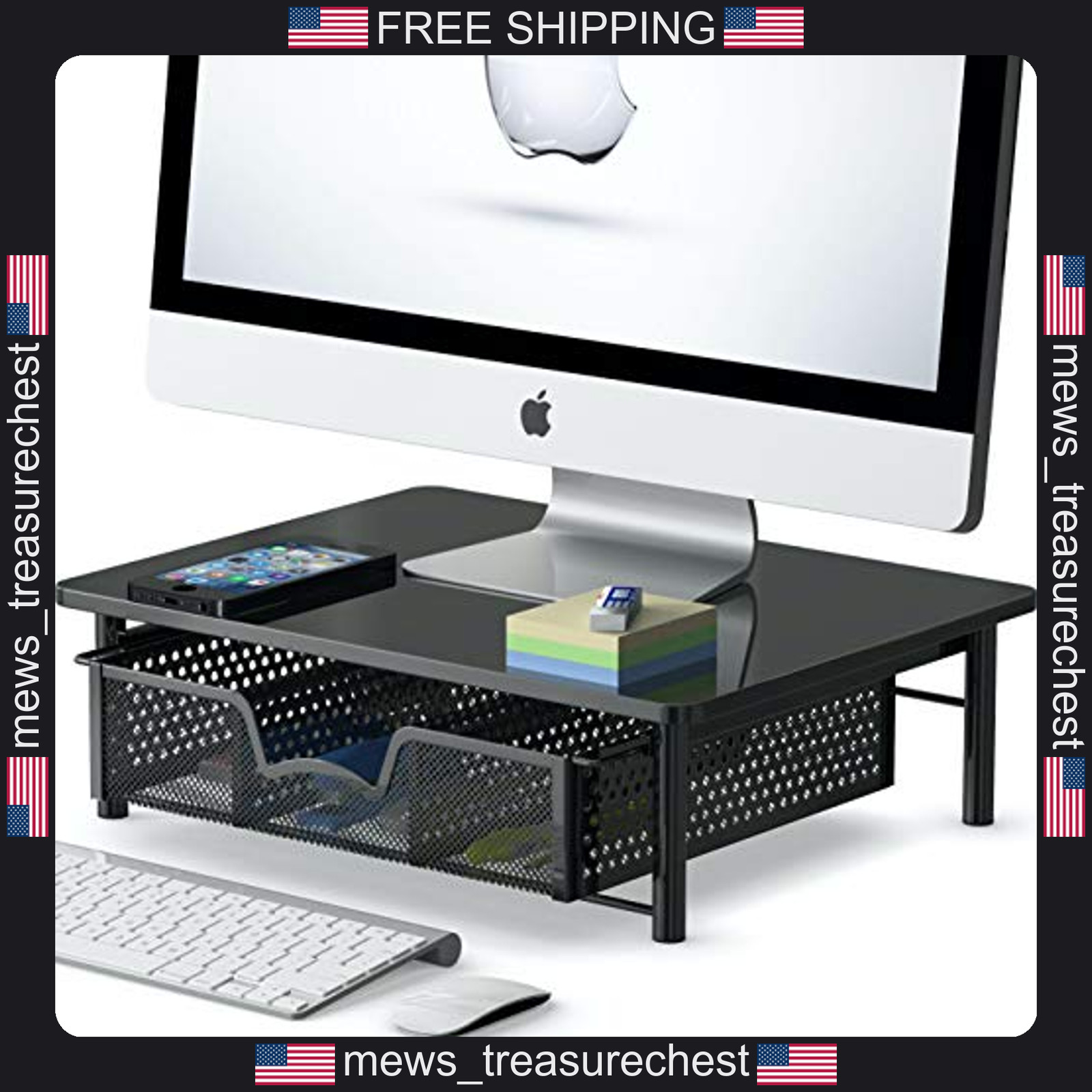 Monitor Riser with Drawer, Black, Metal, 15.75 W x 11.8 D x 5 H