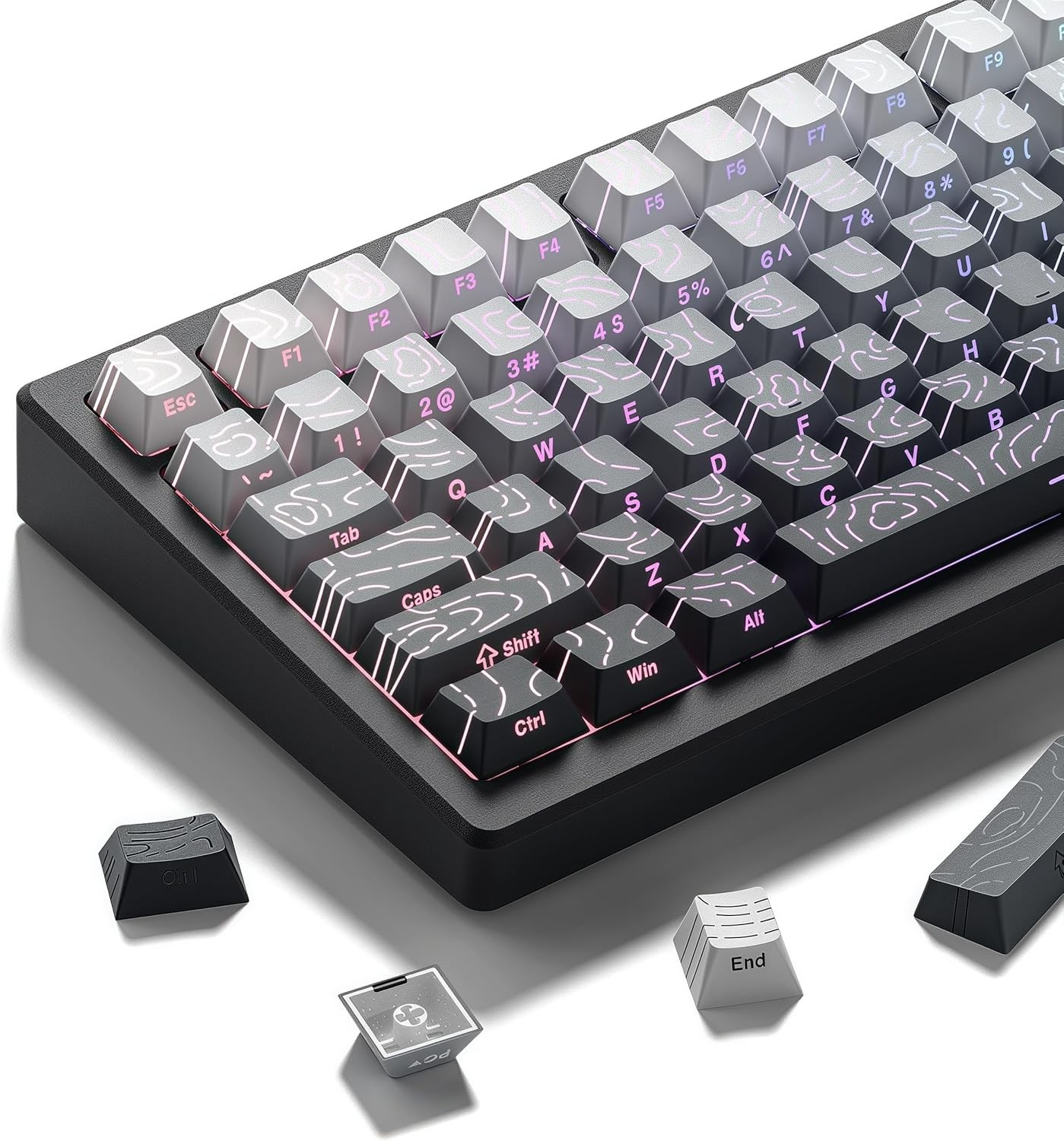 White/Grey Topographic keycap Sets Line Backlit Gradient keycaps Shine Throug