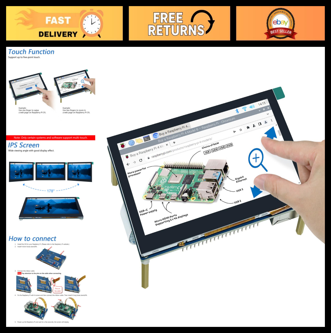 4.3" Touchscreen Monitor for Raspberry Pi 5/4/3 B+ A+, 800x480 IPS, 5-Point Touc