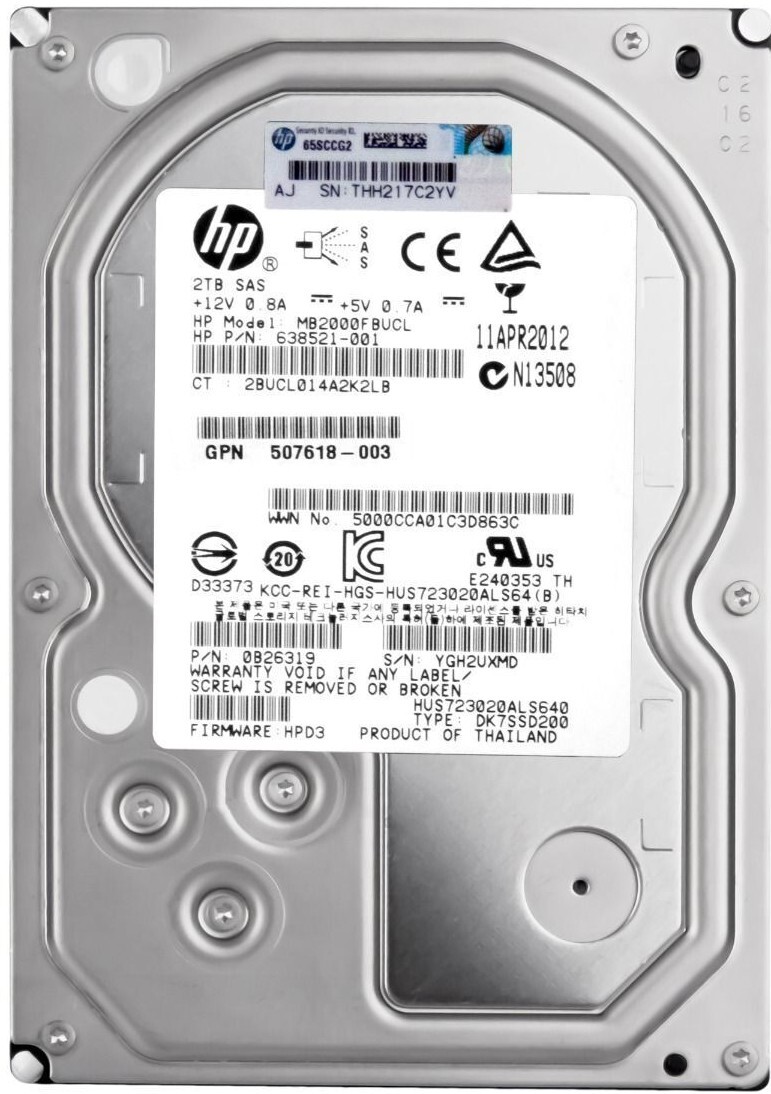 HARD DRIVE HP MB2000FBUCL 638521-001 2TB HUS723020ALS640 7200RPM 64MB SAS 3.5"