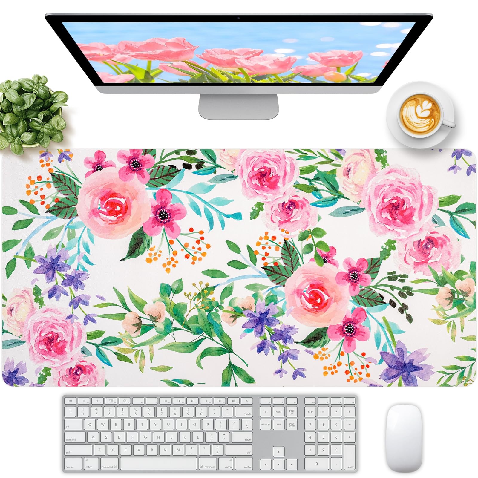 Large Pink Floral Leather Desk Pad Waterproof Keyboard Mat 31.5x15.7 Inch