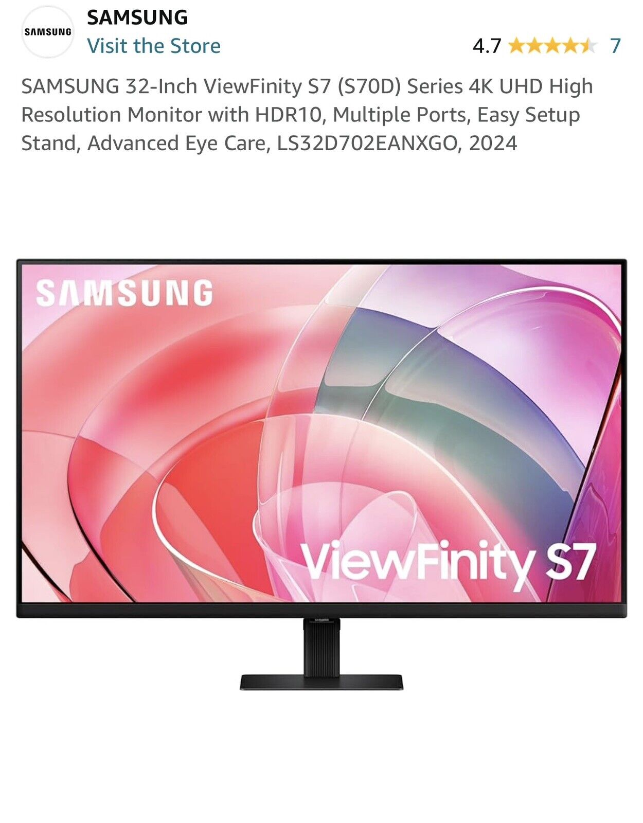 SAMSUNG 32-Inch ViewFinity S7 (S70D) Series 4K UHD High Resolution Monitor