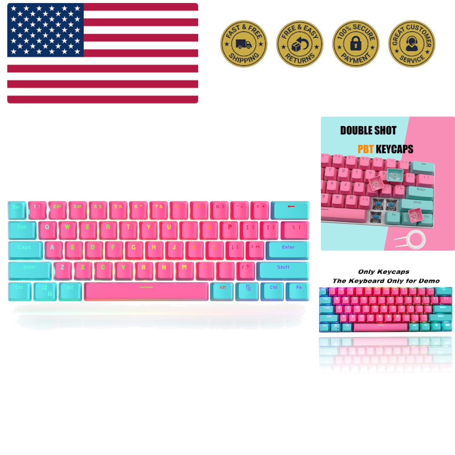 61 Keycaps 60 Percent Miami Keycaps Set PBT Keycap Backlit OEM Profile with K...