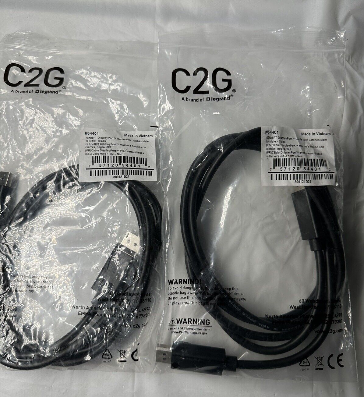 2-PACK LEGRAND C2G 54401 6ft DISPLAYPORT VIDEO MONITOR CABLE W/LATCHES MALE-MALE