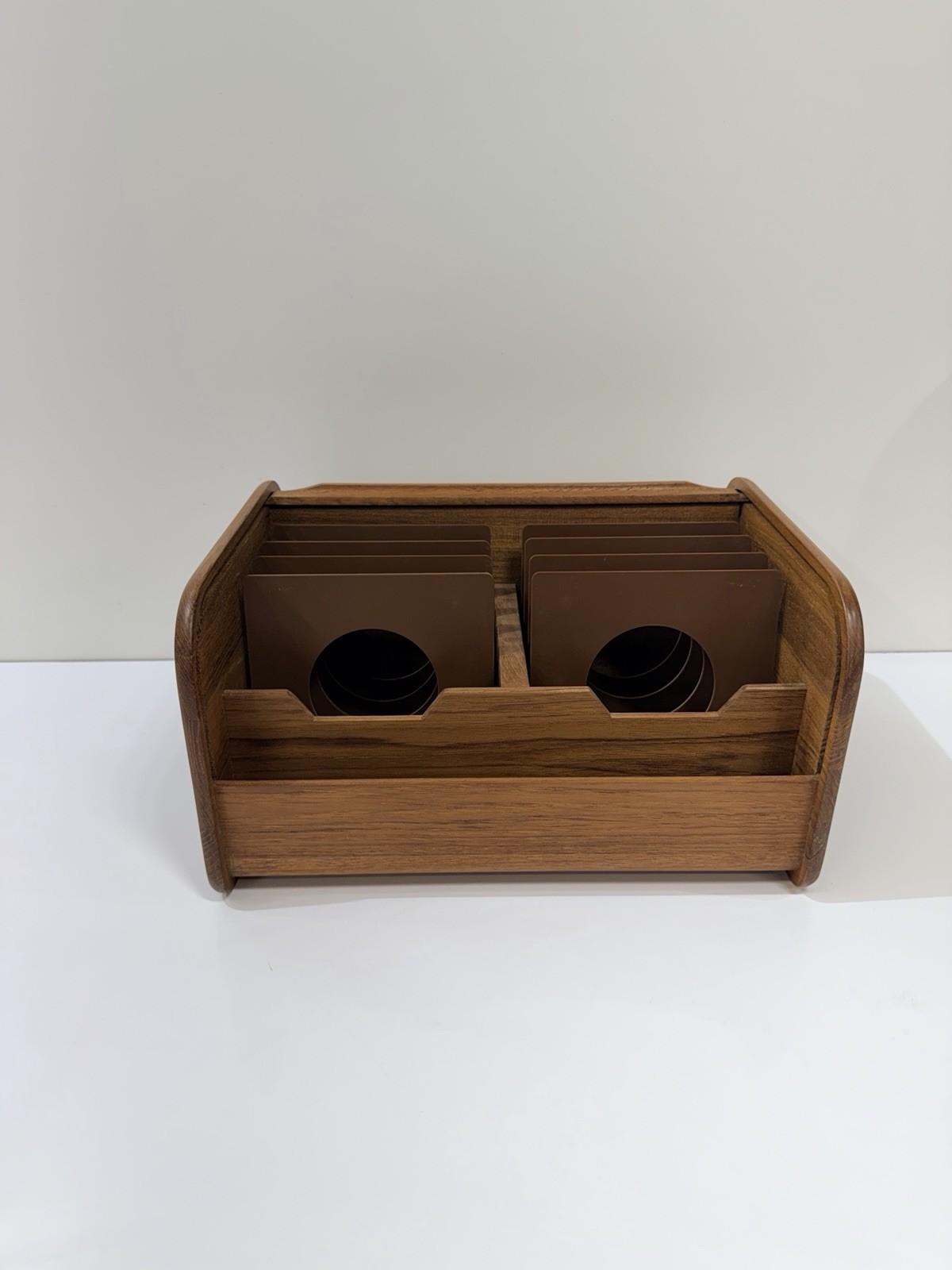 Vtg MCM Kalmar Designs Teak Wood Roll-Top Tambor CD Storage Desk Box W Spacers