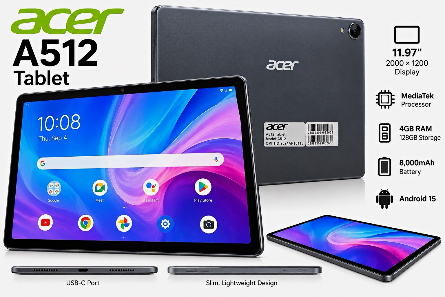 Acer A512 11.97” Android Tablet 4GB RAM 128GB Storage New Tested Working