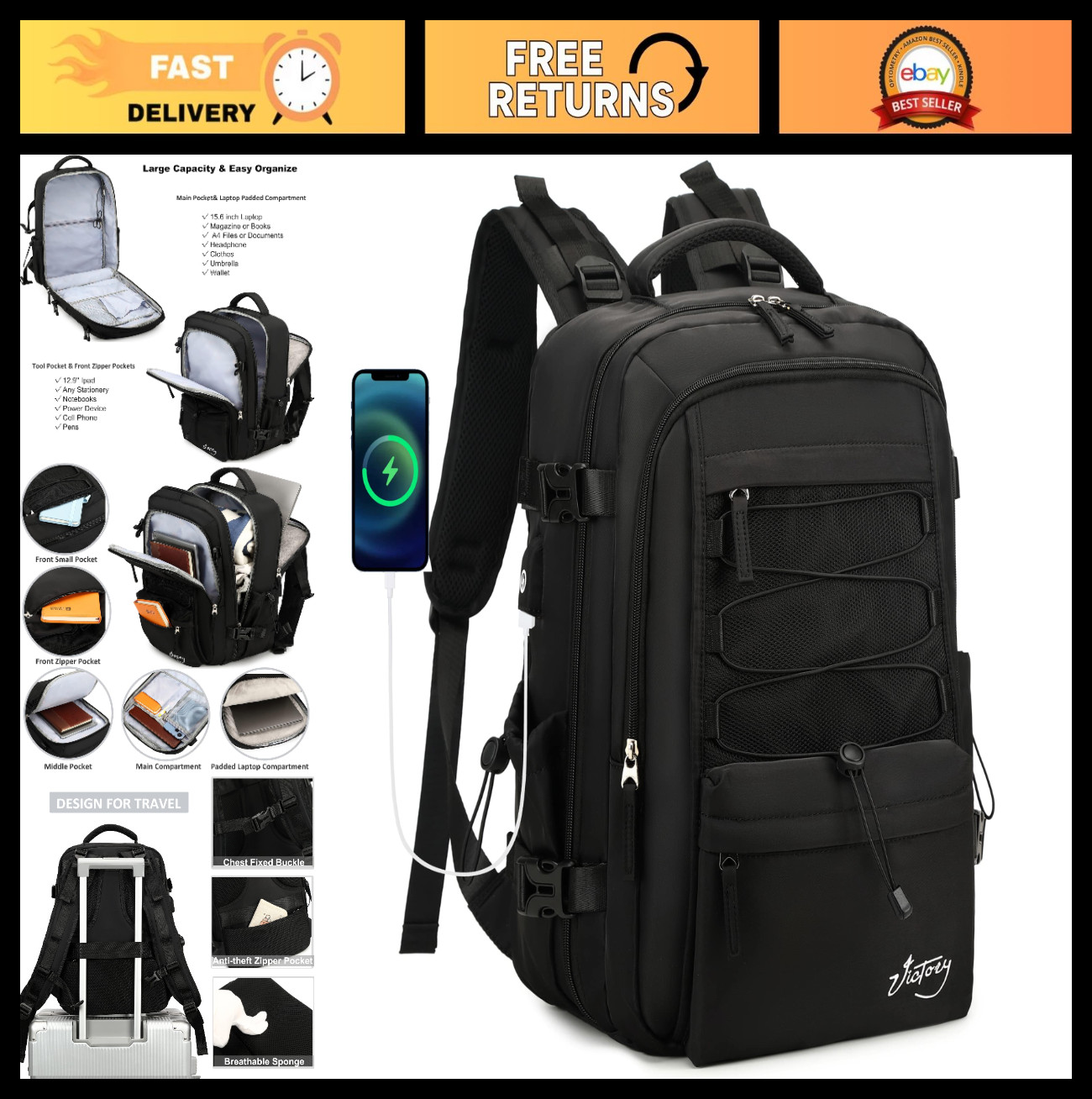 Large Waterproof Travel Backpack for 17" Laptop, USB Port, Airline Approved, Cas