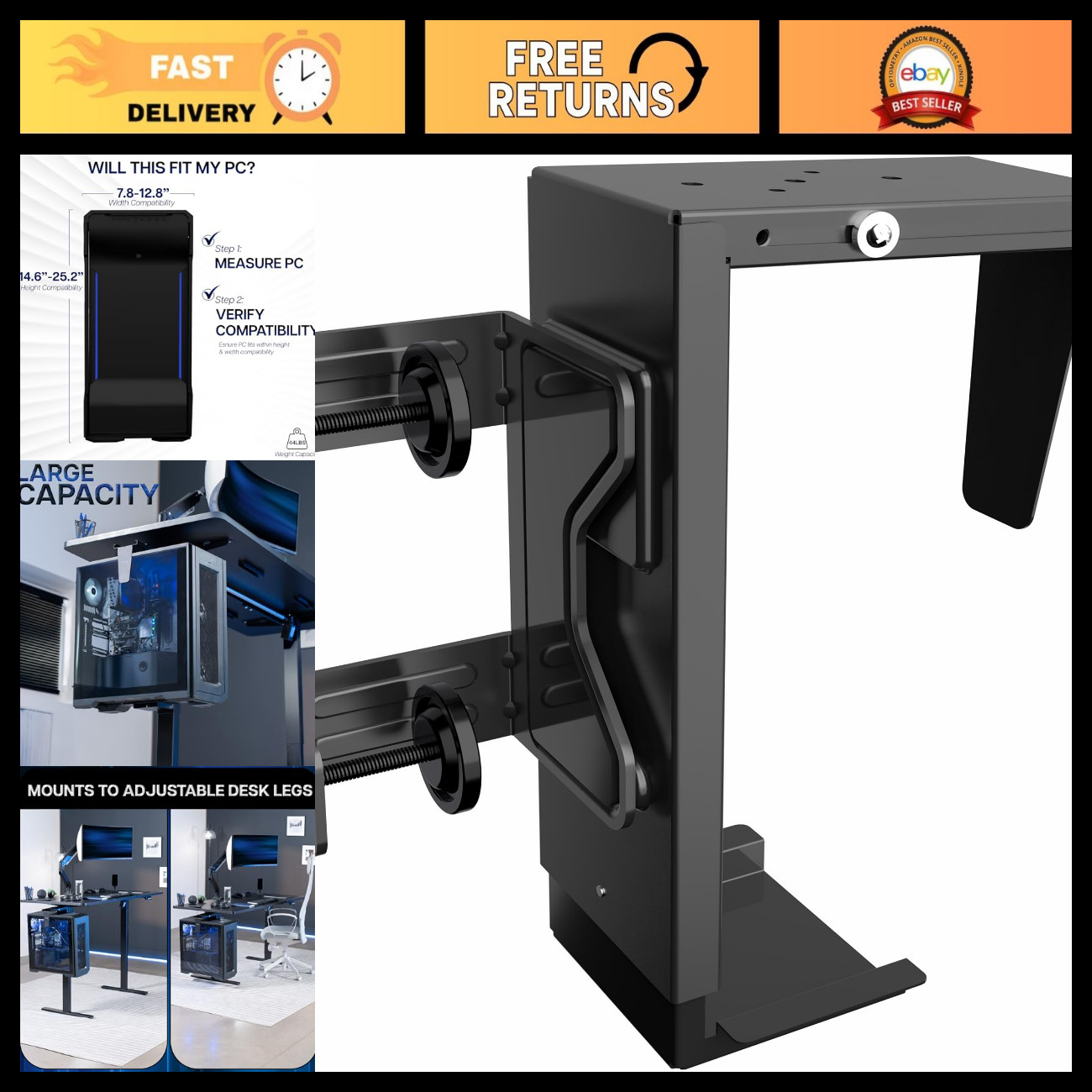 Adjustable Black Clamp-on Desk Leg for Large PC Mount - Sturdy & Space-Saving