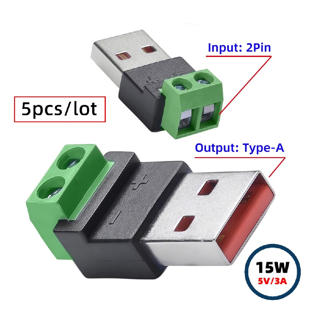5 Pack USB A 2Pin Plug 5V3A Charging Terminal Solderless Adapter for Power Bank