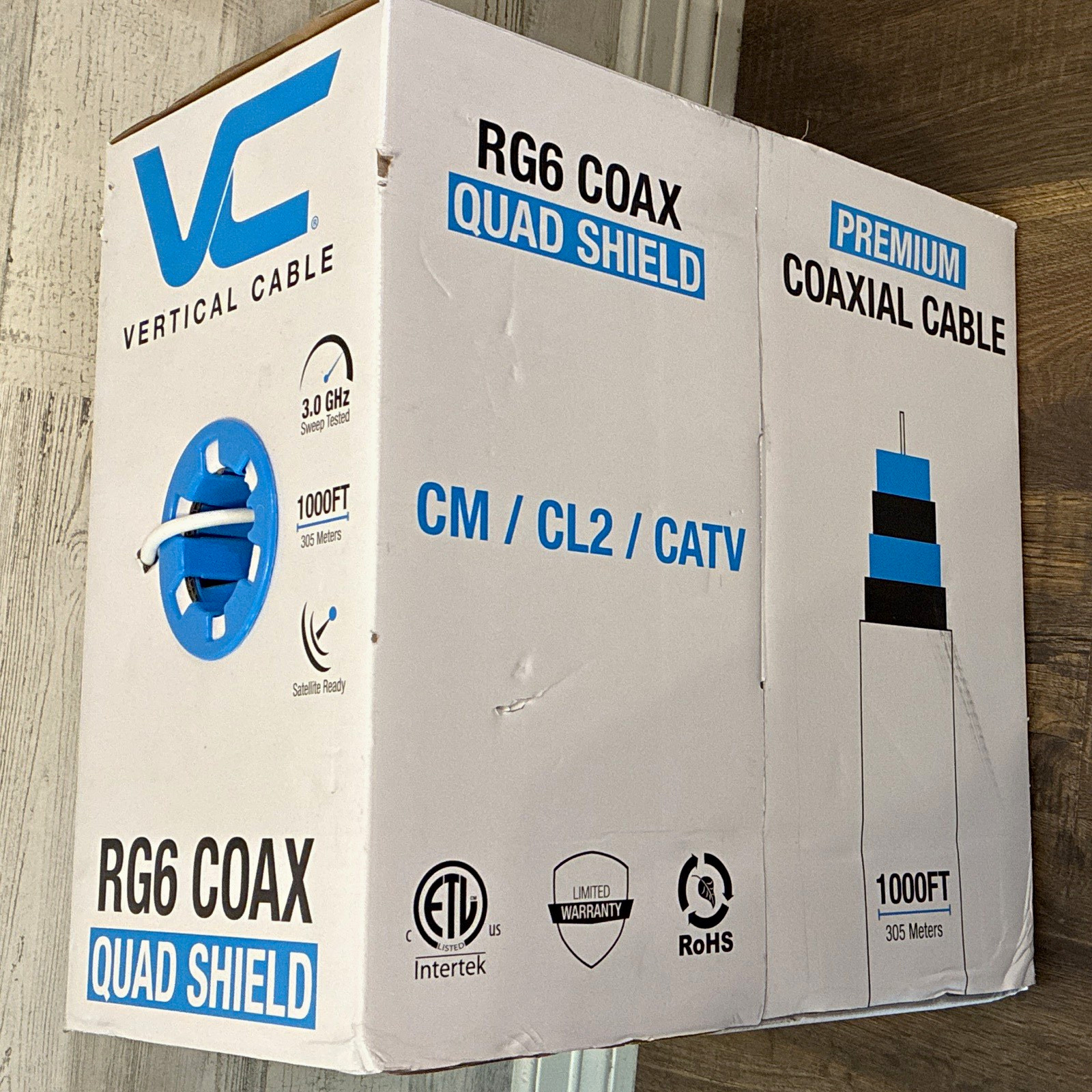 VC RG6 Quad Shield Coaxial Cable 1000 ft White Spool Bare Wire Ends