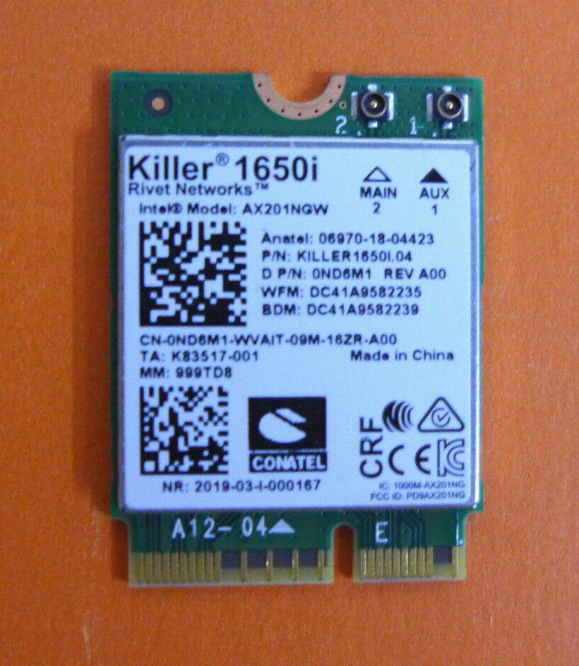 Genuine Intel Killer 1650i Wireless Wi-Fi Bluetooth A00 AX201NGW Dell ND6M1