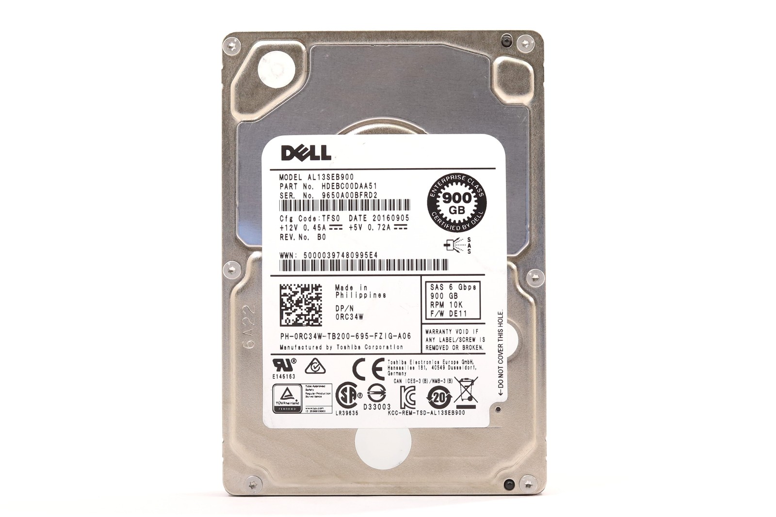 Dell AL13SEB900 900GB 2.5" 6Gb/s 64MB 10K RPM SAS HDD Dell P/N: 0RC34W Tested