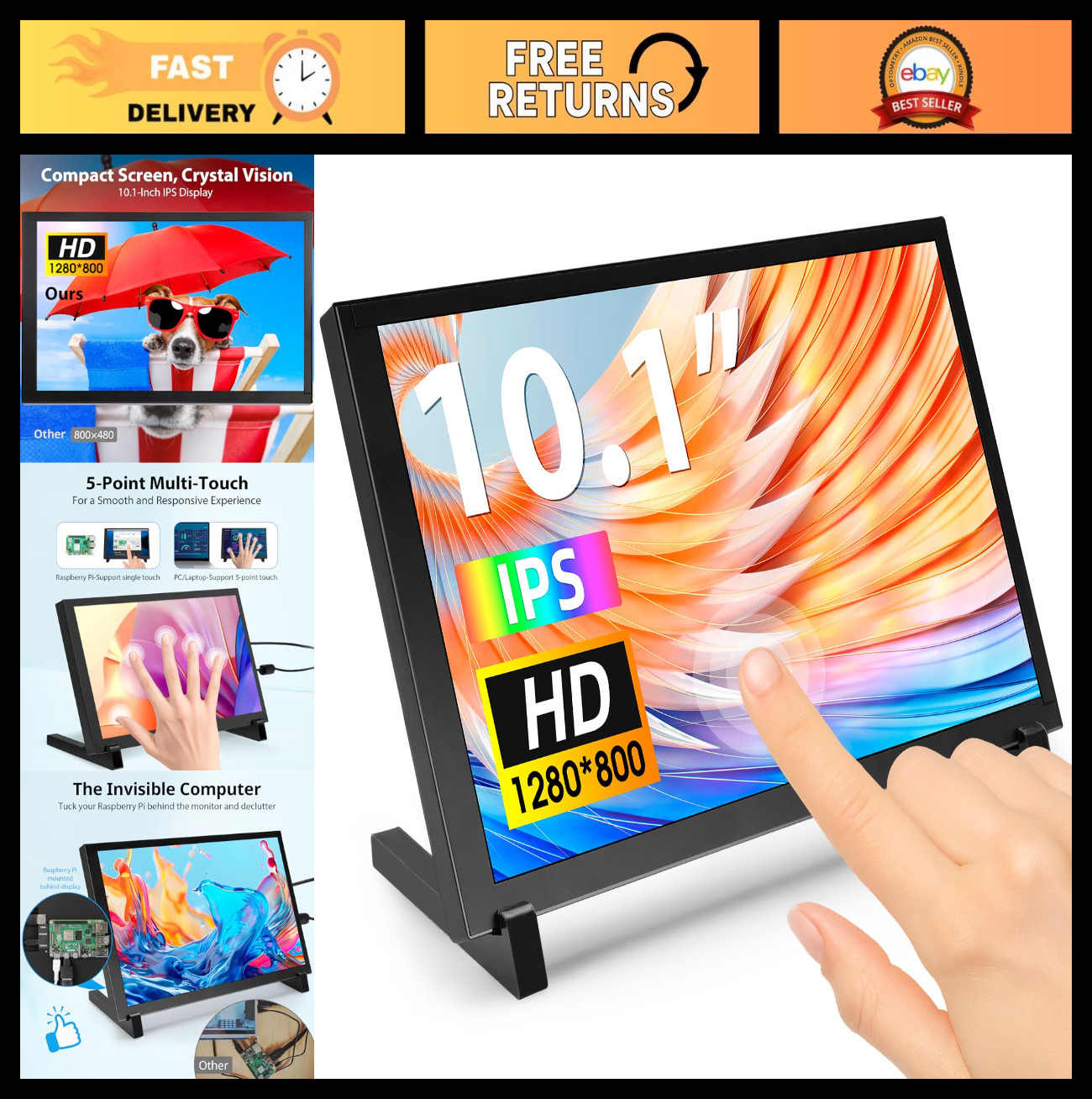10.1" Touchscreen Monitor, 1280x800 IPS HD Display, Portable Touch Screen for Ra