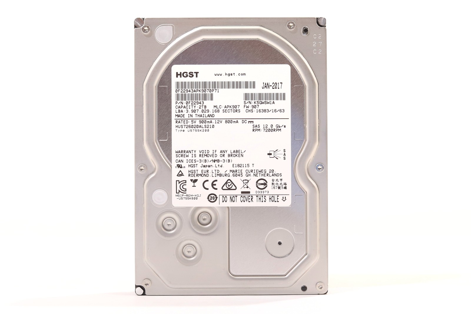 HGST HUS726020ALS210 2TB 3.5" 12Gb/s 128MB 7.2K RPM SAS Hard Drive P/N: 0F22943