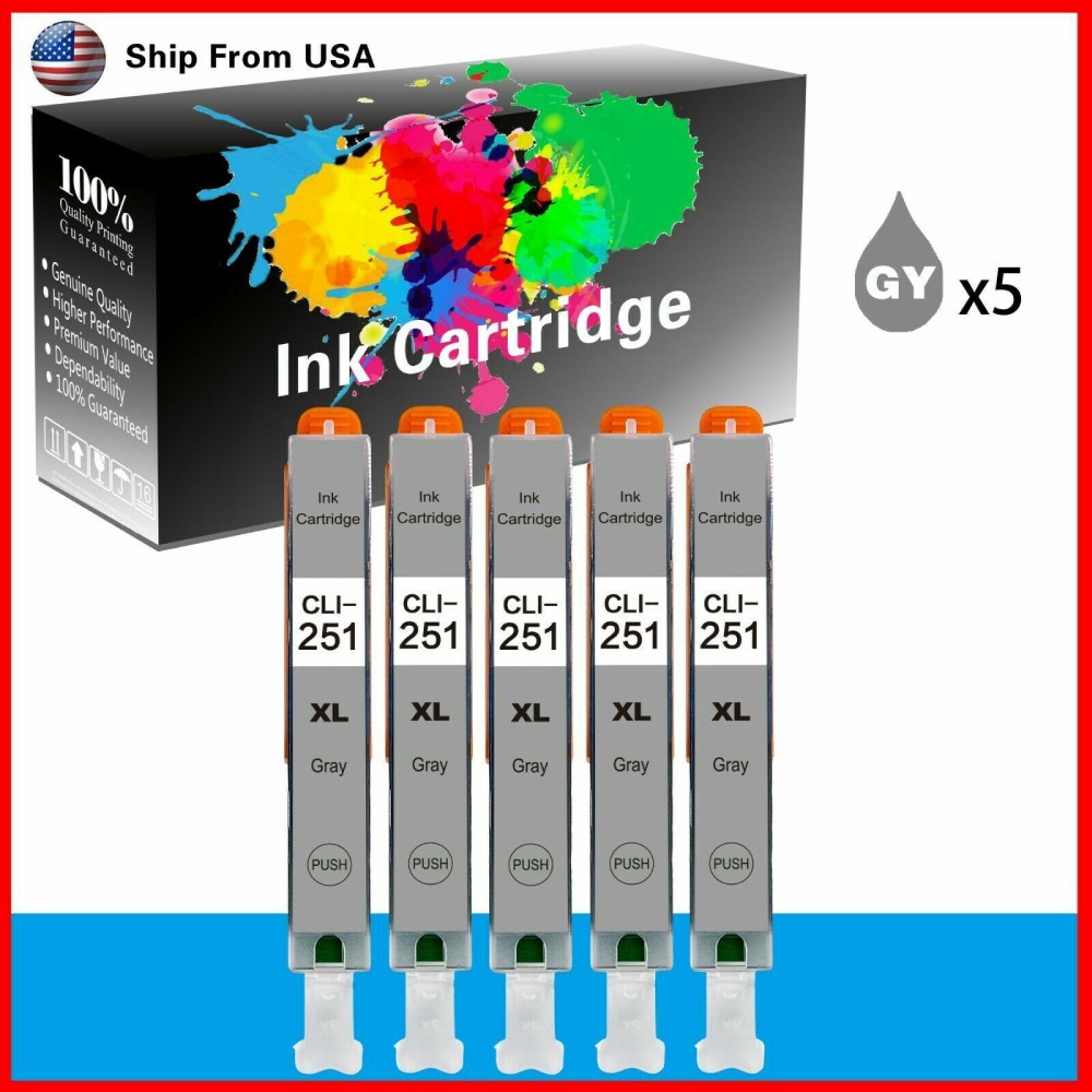 5PK Hi-Yield Grey Ink For Canon CLI251XL GY CLI251 Pixma MG5420 6320 7120 IX6820