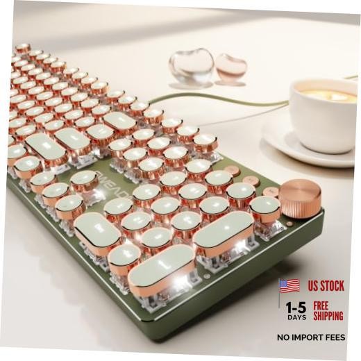 Wired Typewriter Mechanical Keyboard, Retro Punk Keyboard with Media Knob Green