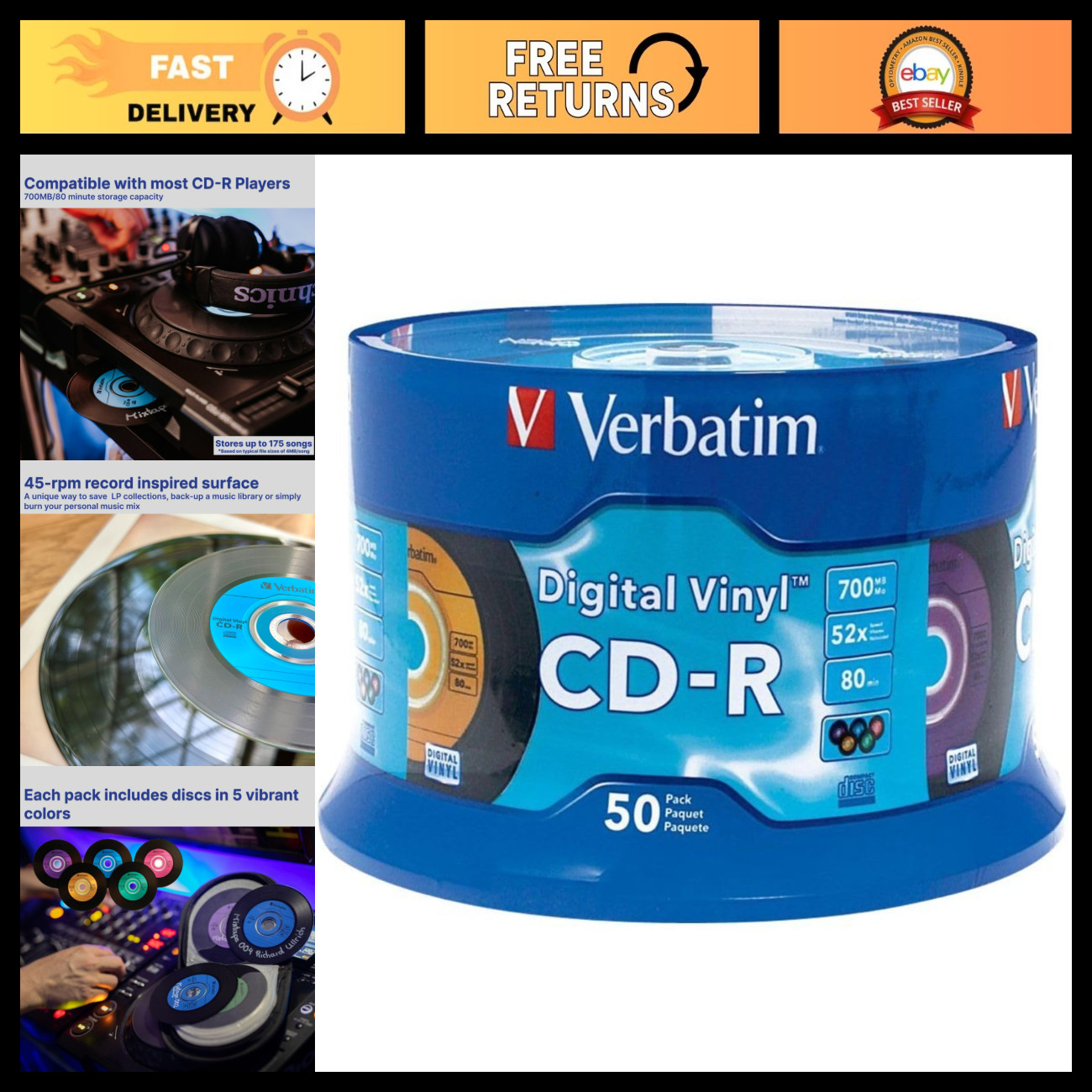 50 Pack CD-R 700MB 52X Recordable Discs - Digital Vinyl Style, High-Quality Medi