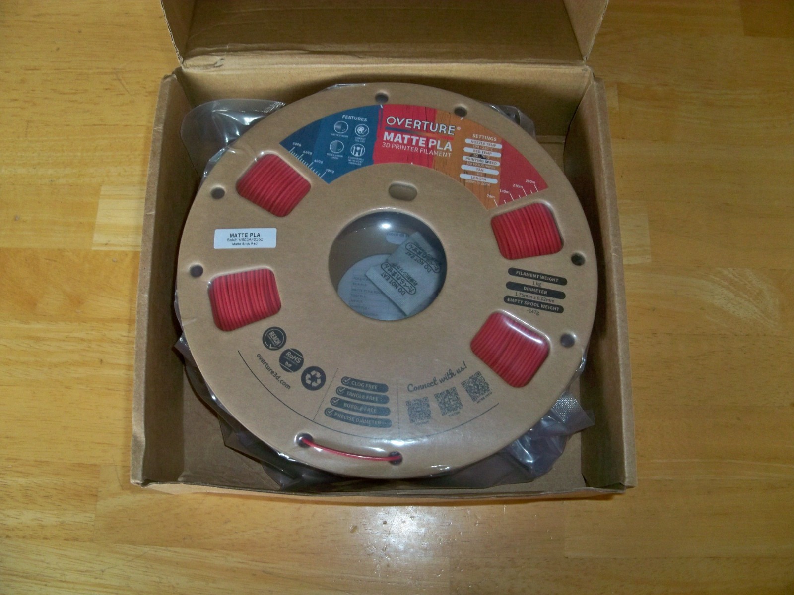 OVERTURE -- 3D Printer Filament -- Matte Brick Red -- Sealed 1.75mm/1kg Spool