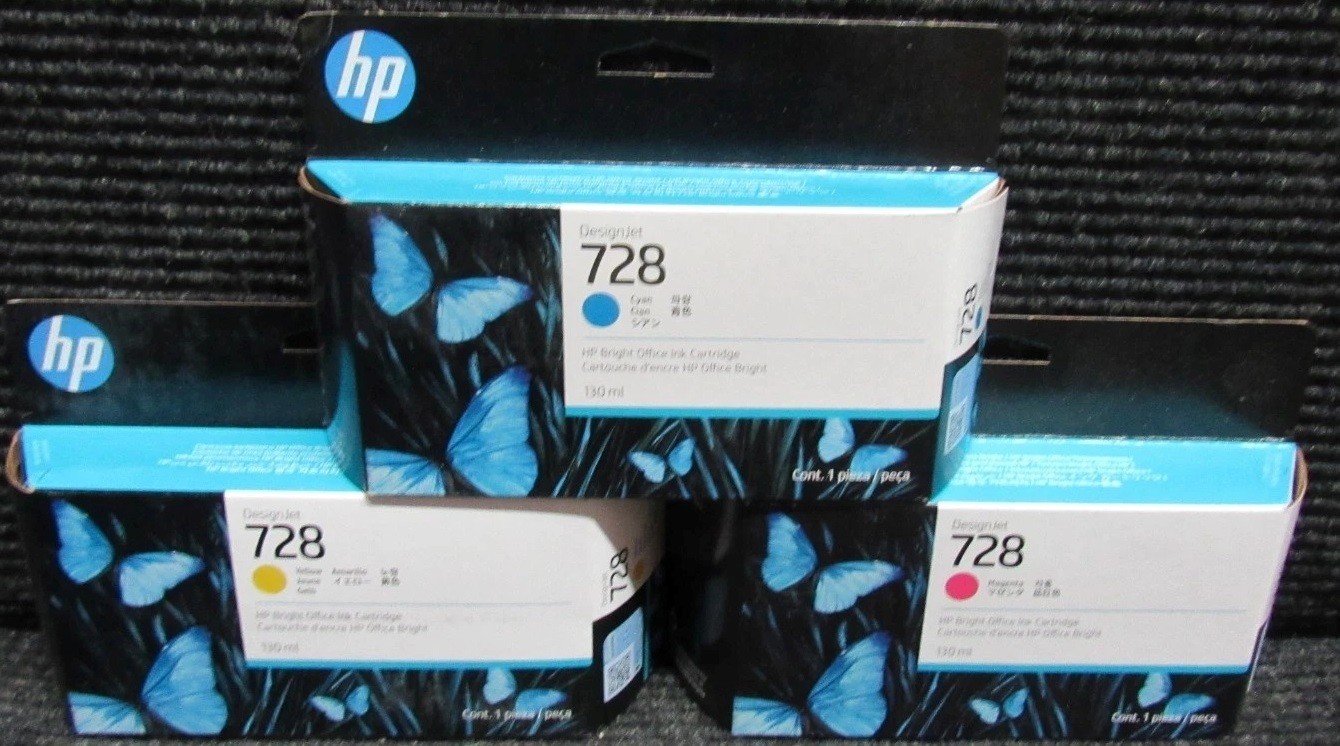 SET OF 3 GENUINE FACTORY SEALED HP 728 130 ml Inkjet Cartridges 2023